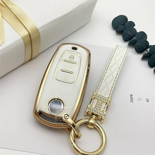 Carsine Volkswagen Car Key Case Rhinestones Keychain White / Key case + strap