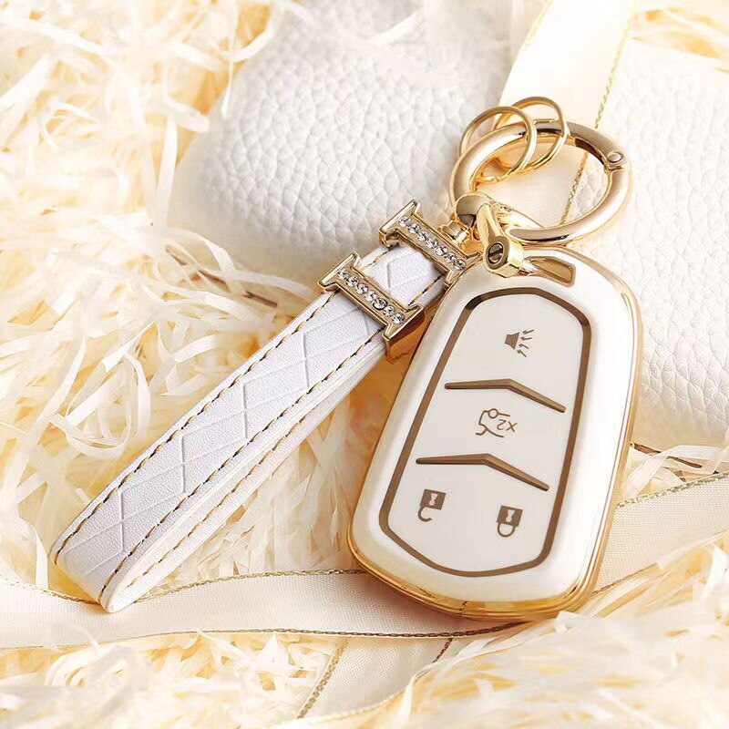 Carsine Cadillac Car Key Case Golden Edge 4 Buttons / White / Key case + strap