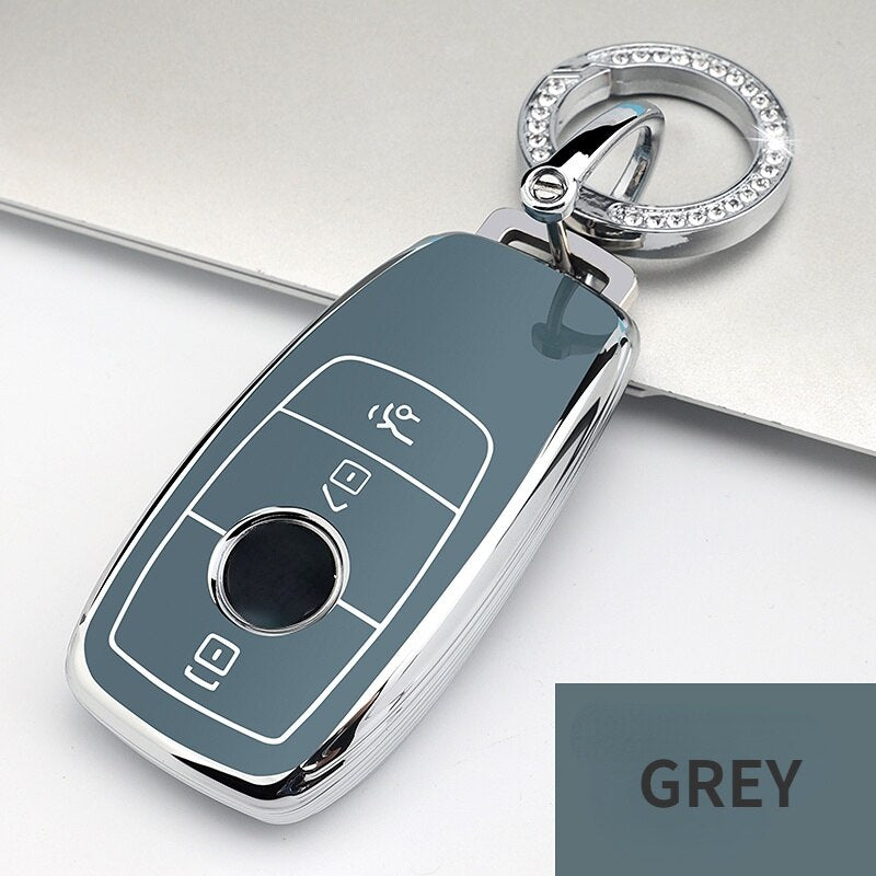 Carsine Mercedes Benz Car Key Cover Silver Edge A / Grey / Key case + O chain