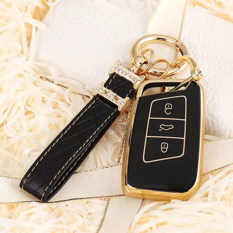 Carsine Volkswagen Car Key Case Rhinestones Keychain Black / Key case + strap