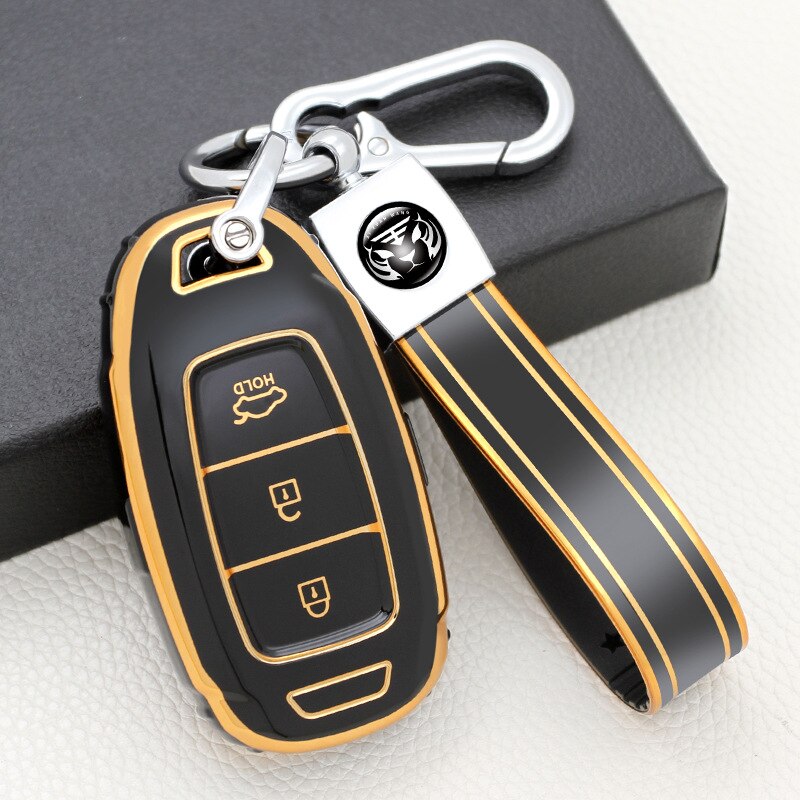 Carsine Hyundai Car Key Case Golden Edge Black / Key case + strap