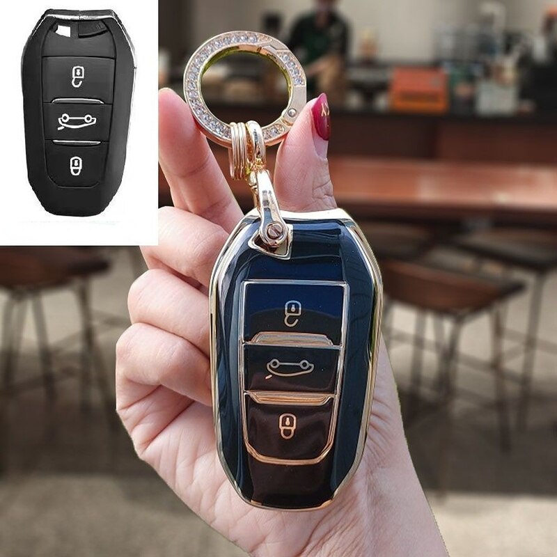 Carsine Citroen Peugeot Car Key Case Golden Edge Black / Key case + O chain