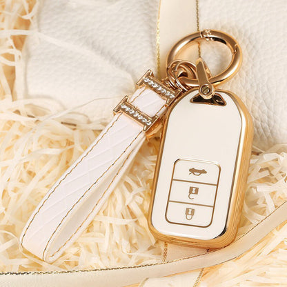Carsine Honda Acura Car Key Case Golden Edge 3 Buttons / White / Key case + strap