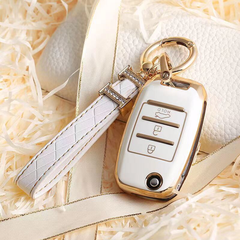 Carsine Kia Car Key Case Golden Edge White / Key case + strap