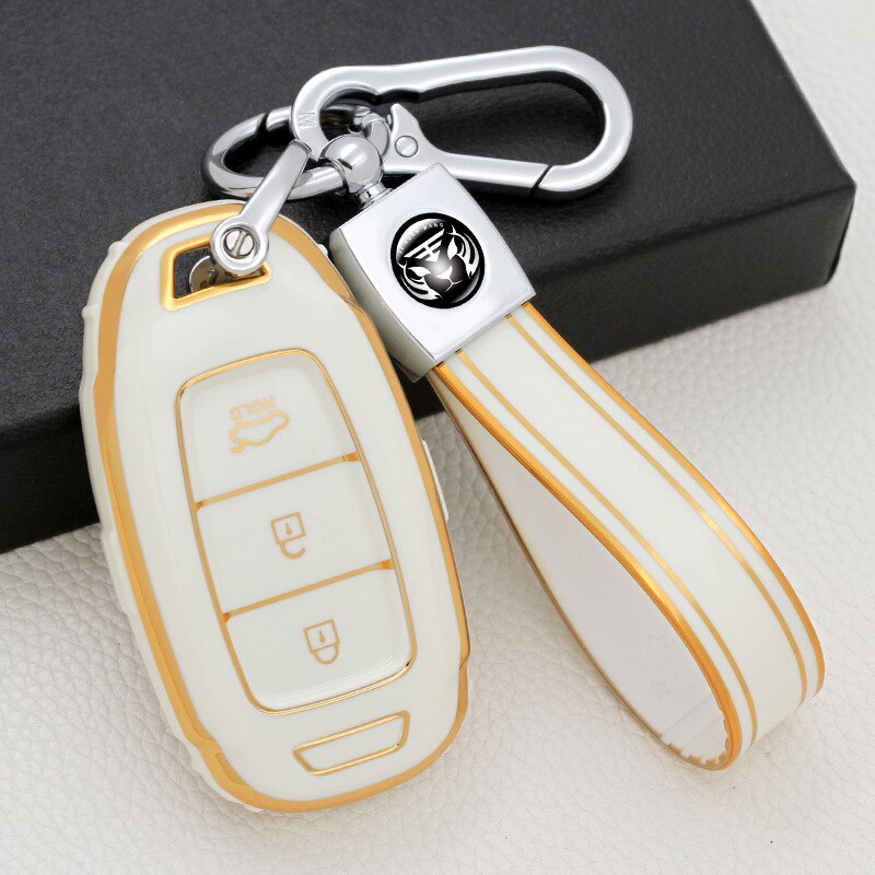 Carsine Hyundai Car Key Case Golden Edge White / Key case + strap