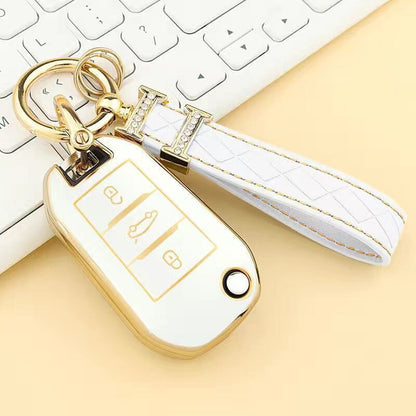 Carsine Citroen Peugeot Car Key Case Golden Edge White / Key case + strap