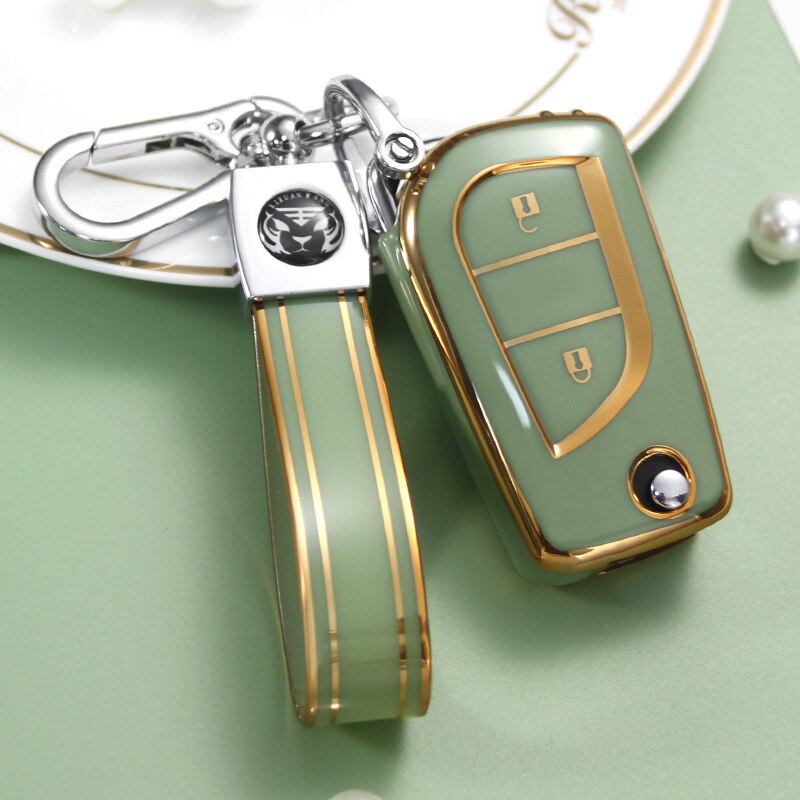 Carsine Toyota Car Key Case Golden Edge 2 Buttons / Green / Key case + strap