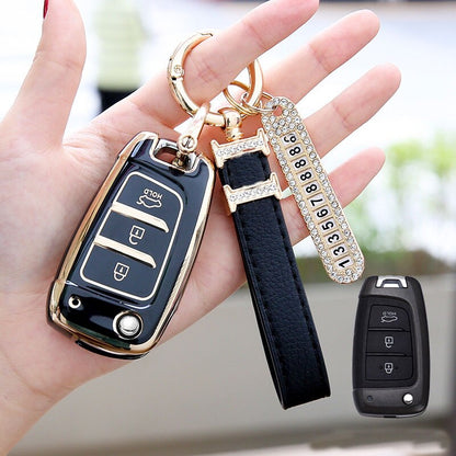 Carsine Hyundai Car Key Case Golden Edge Black / Key case + strap