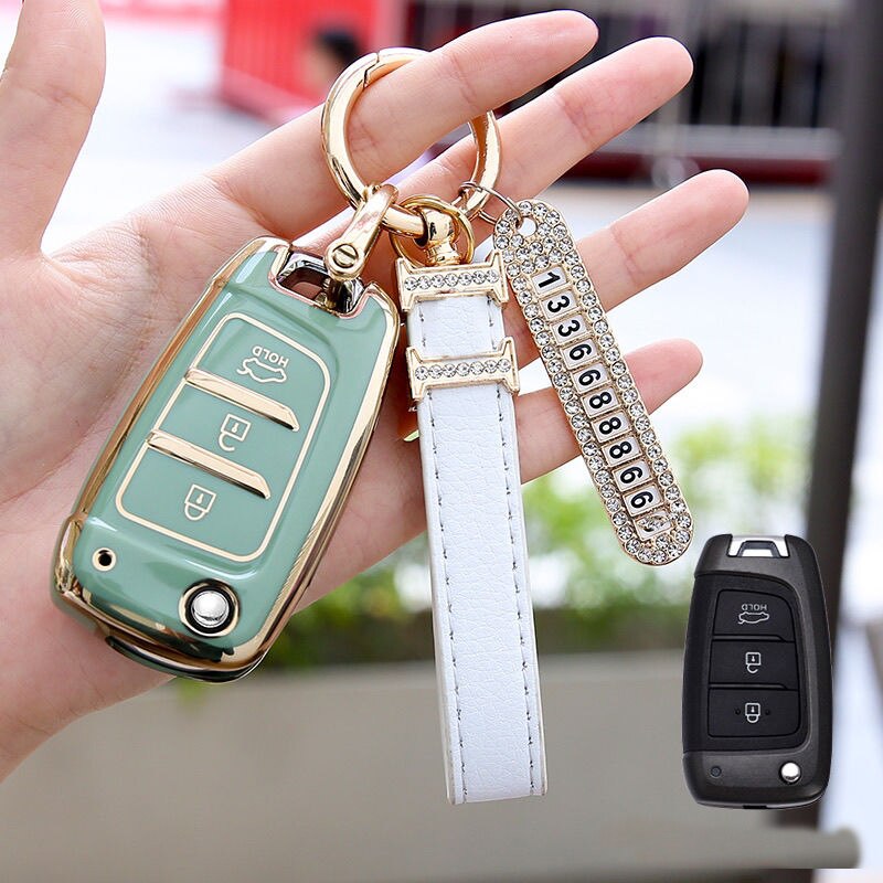 Carsine Hyundai Car Key Case Golden Edge Green / Key case + strap