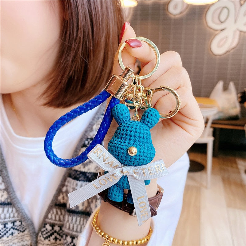 Carsine Braided Bear Keychain Pendant Blue rabbit