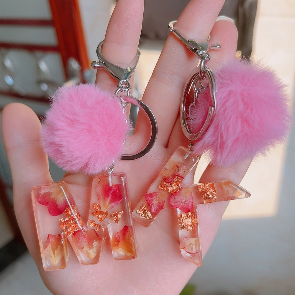 Carsine Pink Pompom 26 Alphabets Keychain