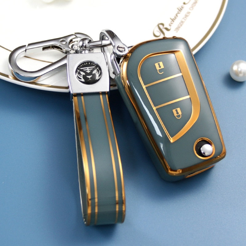 Carsine Toyota Car Key Case Golden Edge 2 Buttons / Grey / Key case + strap