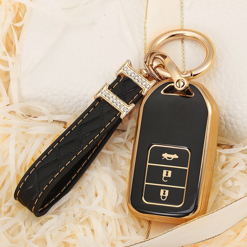 Carsine Honda Acura Car Key Case Golden Edge 3 Buttons / Black / Key case + strap
