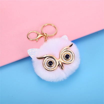 Carsine Kawaii Owl Cat Faux Fur Pom Pom Keychain White