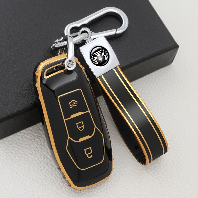 Carsine Ford Car Key Case Golden Edge Black / Key case + strap