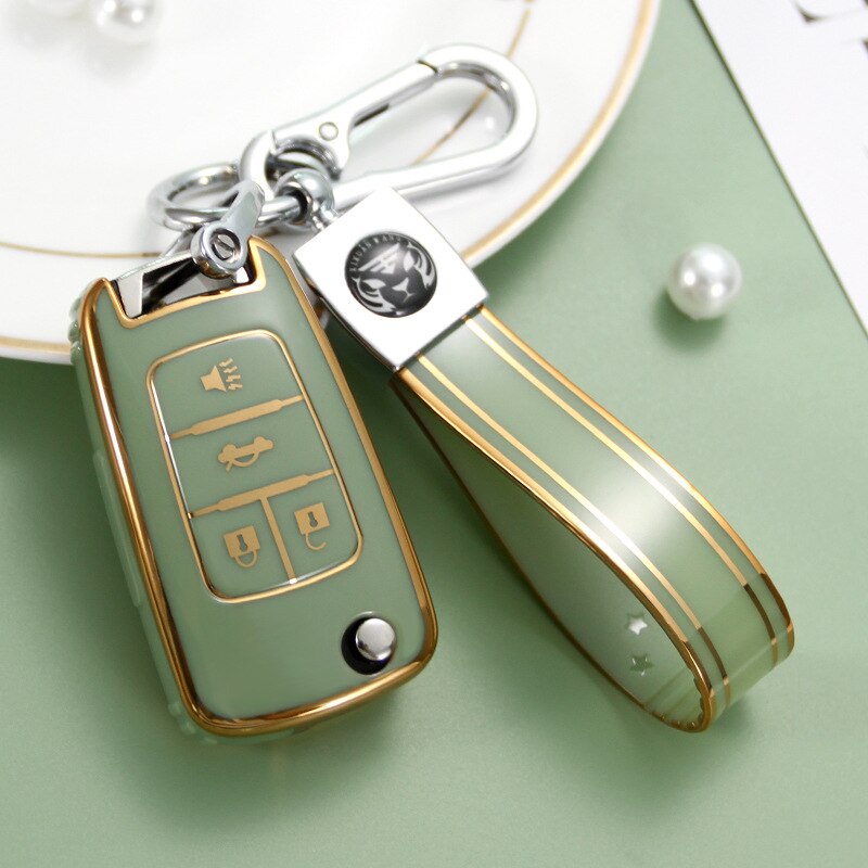 Carsine Chevrolet Buick Car Key Case Golden Edge Green / Key case + strap