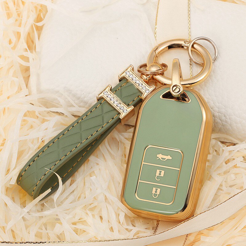 Carsine Honda Acura Car Key Case Golden Edge 3 Buttons / Green / Key case + strap