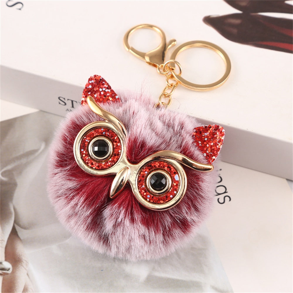 Carsine Kawaii Owl Cat Faux Fur Pom Pom Keychain Maroon