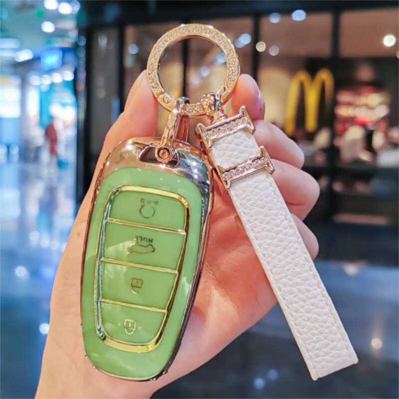 Carsine Hyundai Car Key Case Golden Edge Green / Key case + strap