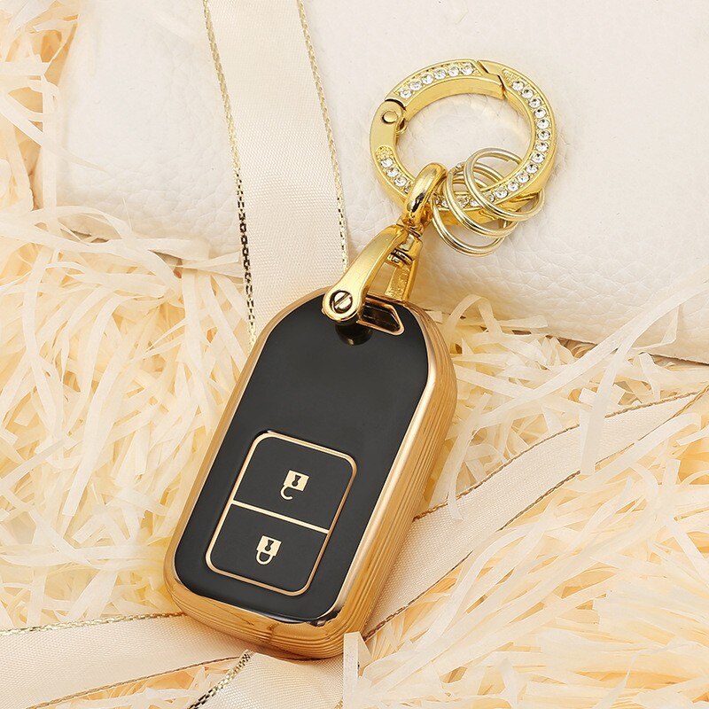 Carsine Honda Acura Car Key Case Golden Edge 2 Buttons / Black / Key case + O chain