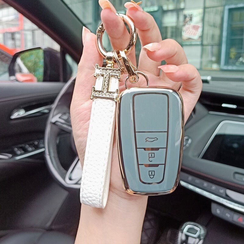 Carsine Toyota Car Key Case Golden Edge 3 Buttons / Grey / Key case + strap