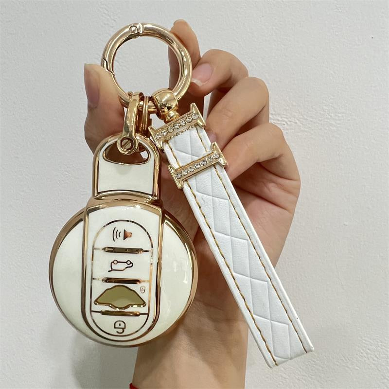 Carsine BMW Mini Car Key Case Golden Edge White / Key case + strap