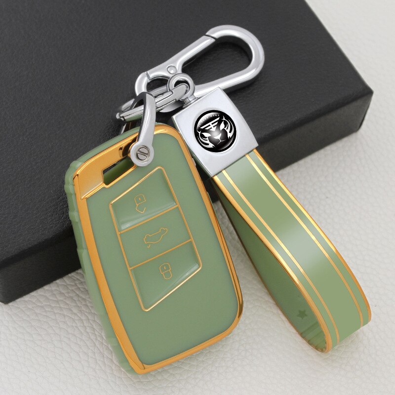 Carsine Volkswagen Car Key Case Golden Edge Green / Key case + strap