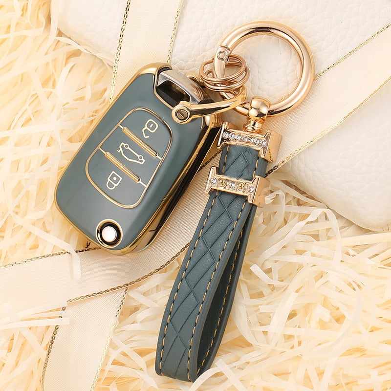 Carsine Kia Car Key Cover Silver Edge Gold / Grey / Key case + strap
