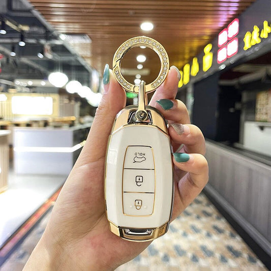 Carsine Hyundai Car Key Case Golden Edge White / Key case + O chain