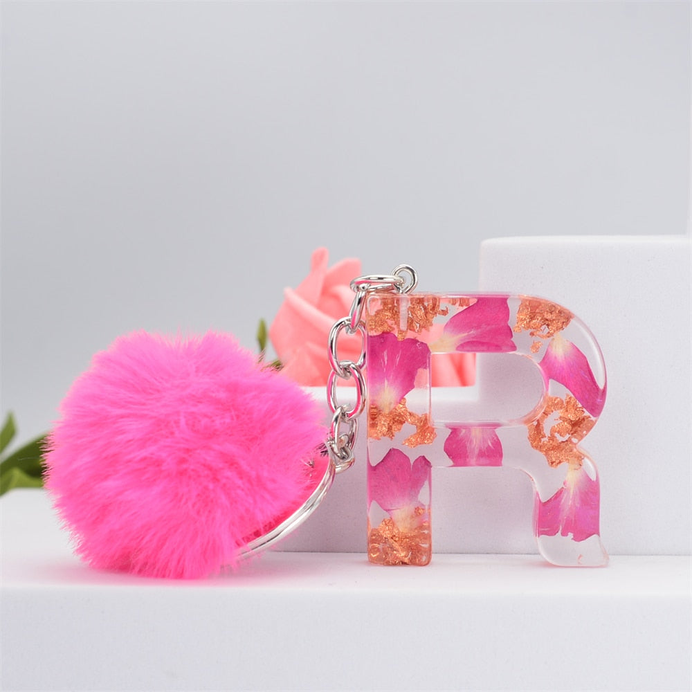 Carsine Pink Pompom 26 Alphabets Keychain R