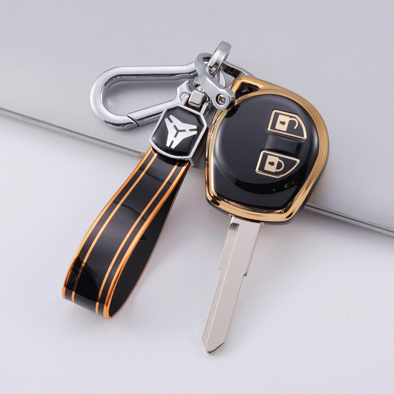 Carsine Suzuki Car Key Case Golden Edge Black / Key case + strap