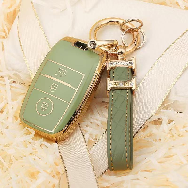 Carsine Kia Car Key Case Golden Edge Gold / Green / Key case + strap