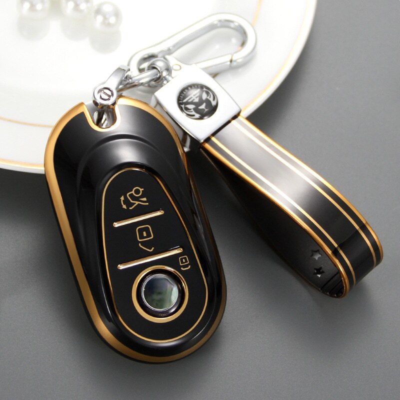 Carsine Mercedes Benz Car Key Case Golden Edge Black / Key case + strap