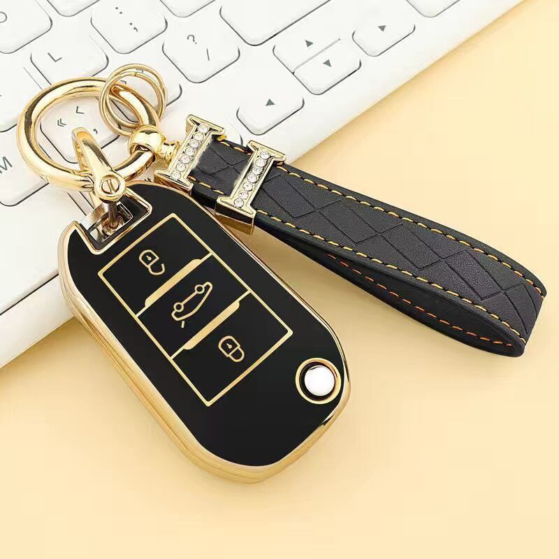 Carsine Citroen Peugeot Car Key Case Golden Edge Black / Key case + strap
