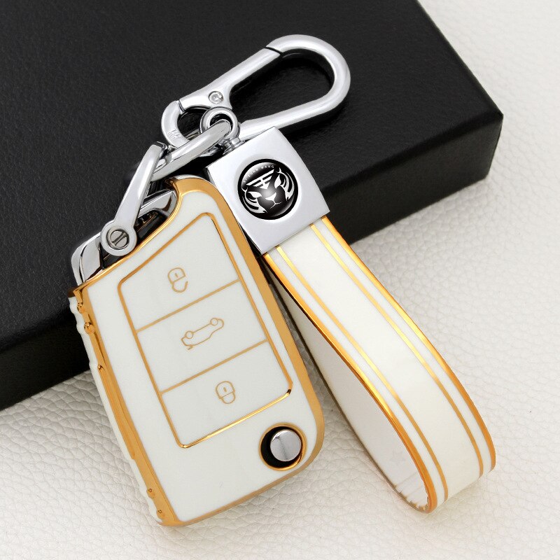 Carsine Volkswagen Car Key Case Golden Edge White / Key case + strap