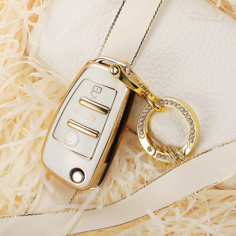 Carsine Audi Car Key Case Golden Edge White / Key case + O chain
