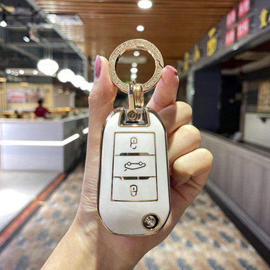 Carsine Citroen Peugeot Car Key Case Golden Edge White / Key case + O chain