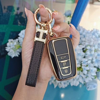 Carsine Toyota Car Key Case Golden Edge 3 Buttons / Black / Key case + strap