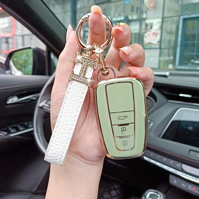 Carsine Toyota Car Key Case Golden Edge 3 Buttons / Green / Key case + strap