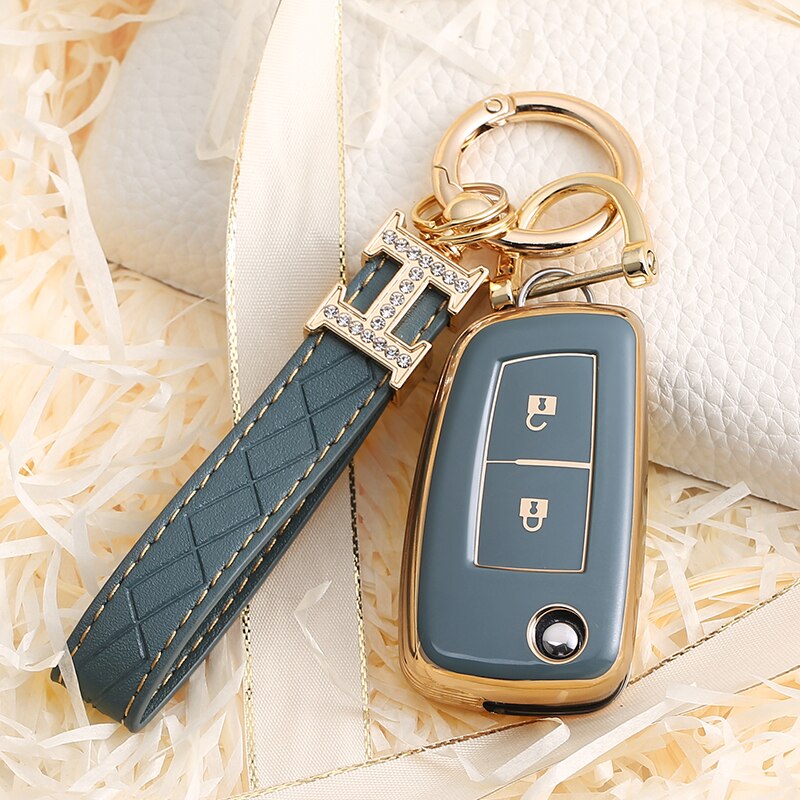 Carsine Nissan Car Key Case Golden Edge 2 Buttons / Grey / Key case + strap