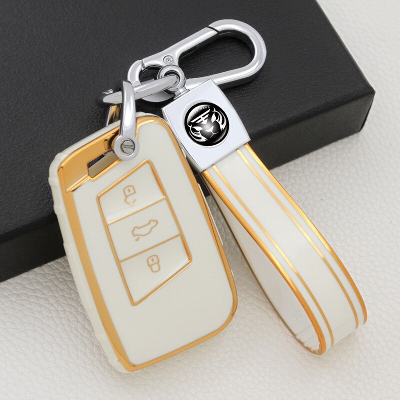 Carsine Volkswagen Car Key Case Golden Edge White / Key case + strap