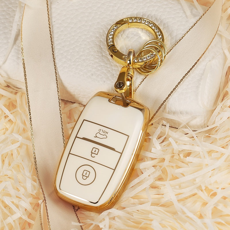 Carsine Kia Car Key Case Golden Edge Gold / White / Key case + O chain