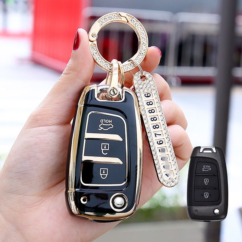 Carsine Hyundai Car Key Case Golden Edge Black / Key case + O chain