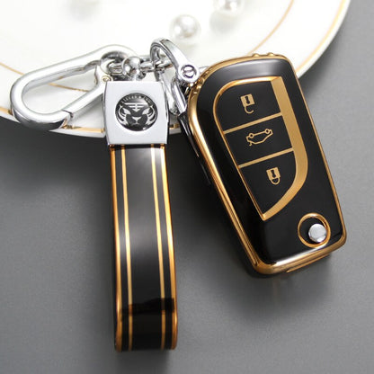 Carsine Toyota Car Key Case Golden Edge 3 Buttons / Black / Key case + strap