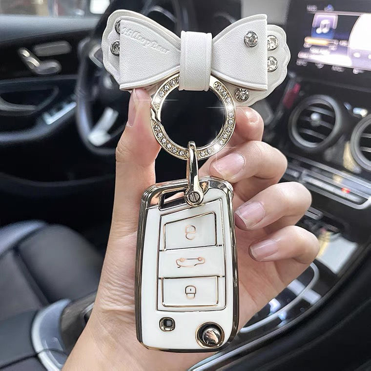 Carsine Volkswagen Car Key Case Golden Edge White / Key case + B chain