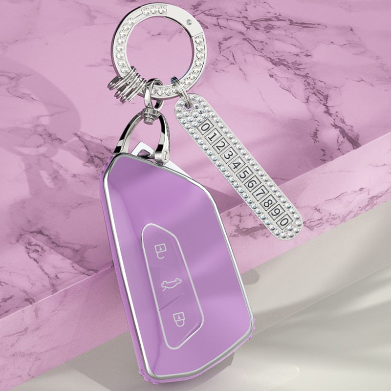 Carsine Volkswagen Car Key Case Rhinestones Keychain Purple / Key case + strap
