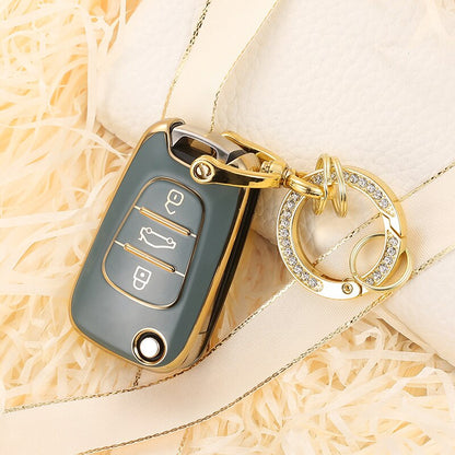 Carsine Kia Car Key Cover Silver Edge Gold / Grey / Key case + O chain
