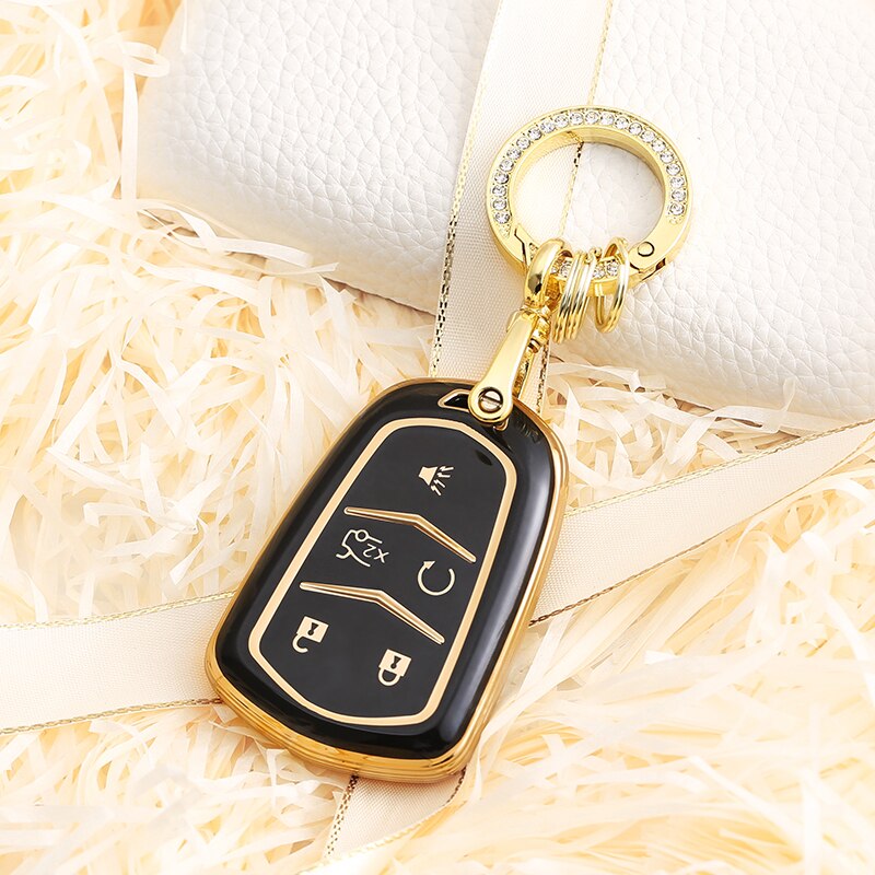 Carsine Cadillac Car Key Case Golden Edge 5 Buttons / Black / Key case + O chain