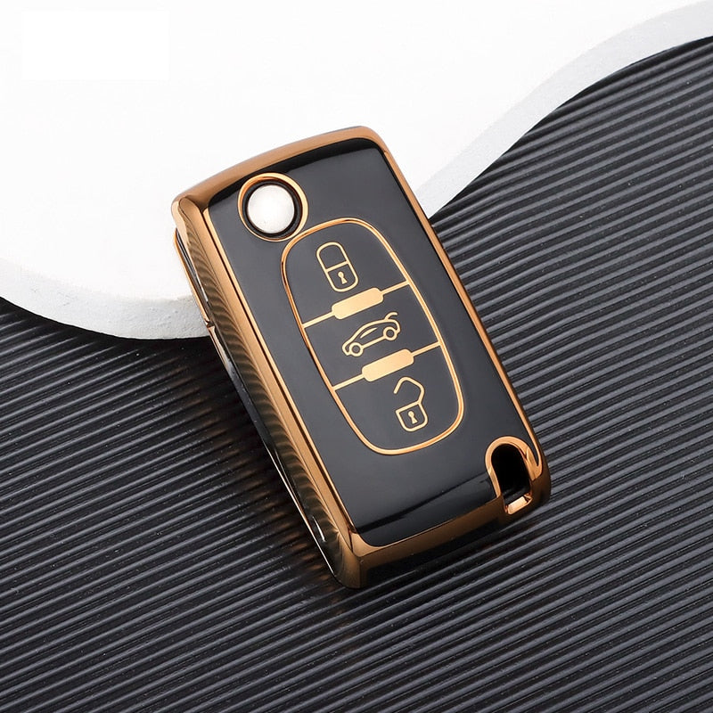 Carsine Citroen Peugeot Car Key Case Golden Edge 3 Buttons / Black