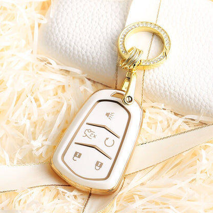 Carsine Cadillac Car Key Case Golden Edge 5 Buttons / White / Key case + O chain